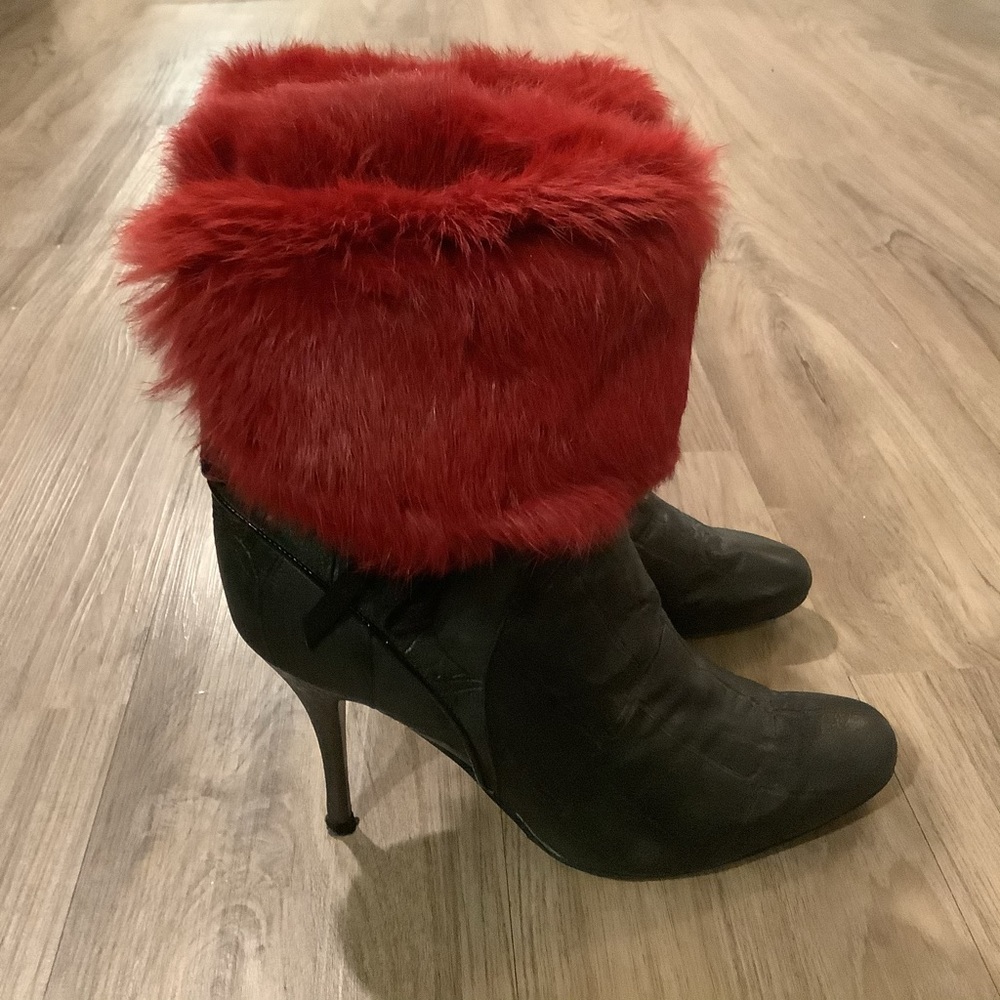 Nando Muzi Black Leather & Red Fur Stiletto Boots EU 38